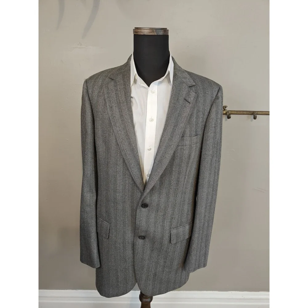 Baskin Mens Wool Sports Coat 40L Gray Herringbone Vintage 2 Button USA F505